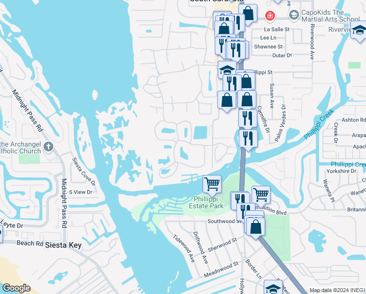 map of restaurants, bars, coffee shops, grocery stores, and more near 5327 Landings Boulevard in Sarasota