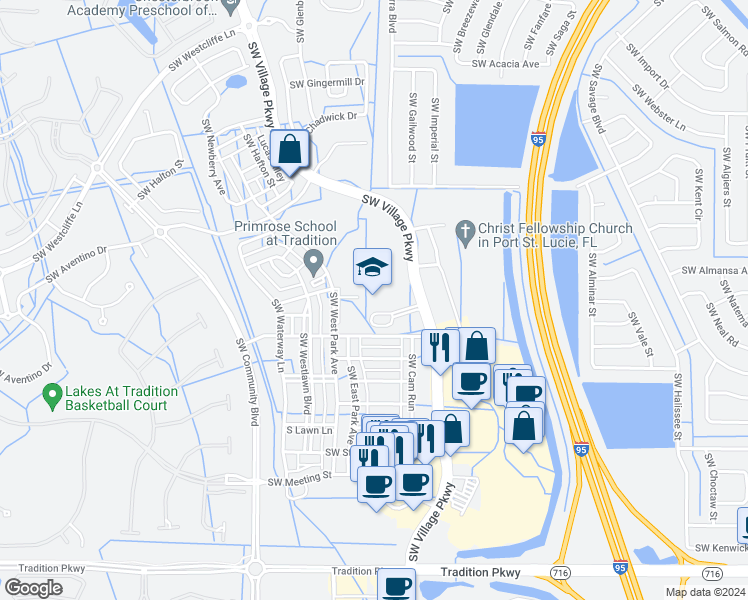 map of restaurants, bars, coffee shops, grocery stores, and more near 10680 Southwest Academic Way in Port St. Lucie