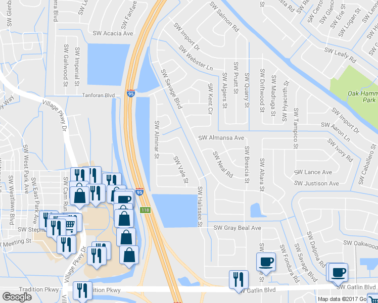 map of restaurants, bars, coffee shops, grocery stores, and more near 2297 Southwest Halissee Street in Port St. Lucie