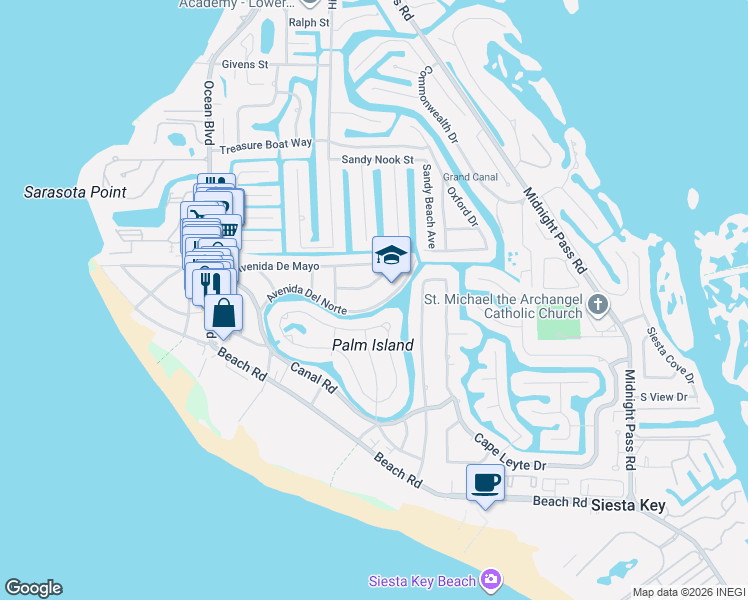 map of restaurants, bars, coffee shops, grocery stores, and more near 130 Island Circle in Siesta Key