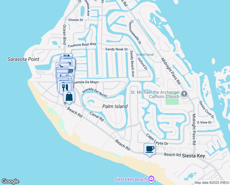 map of restaurants, bars, coffee shops, grocery stores, and more near 130 Island Circle in Siesta Key