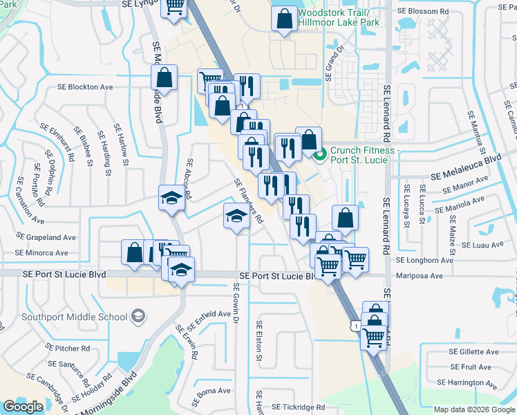 map of restaurants, bars, coffee shops, grocery stores, and more near 2252 Southeast Flanders Road in Port St. Lucie