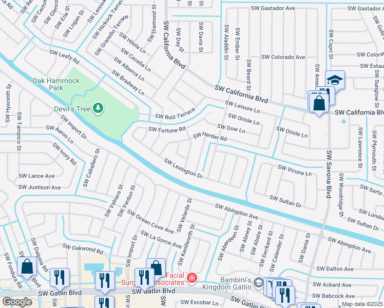 map of restaurants, bars, coffee shops, grocery stores, and more near 2257 Southwest Matheson Terrace in Port St. Lucie