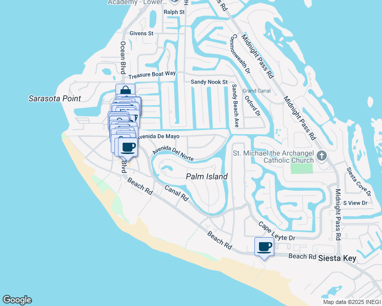 map of restaurants, bars, coffee shops, grocery stores, and more near 615 Avenida Del Norte in Siesta Key