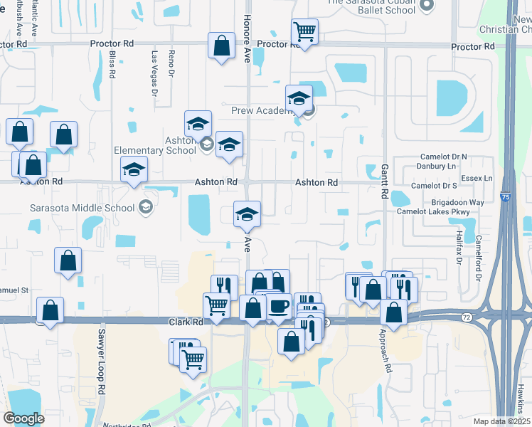 map of restaurants, bars, coffee shops, grocery stores, and more near 5327 Colony Meadows Lane in Sarasota