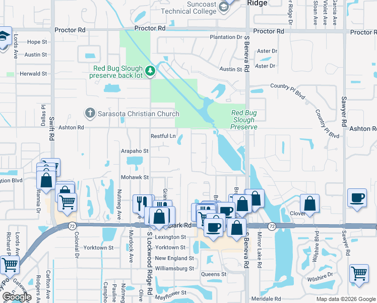 map of restaurants, bars, coffee shops, grocery stores, and more near 5336 Fox Run Road in Sarasota