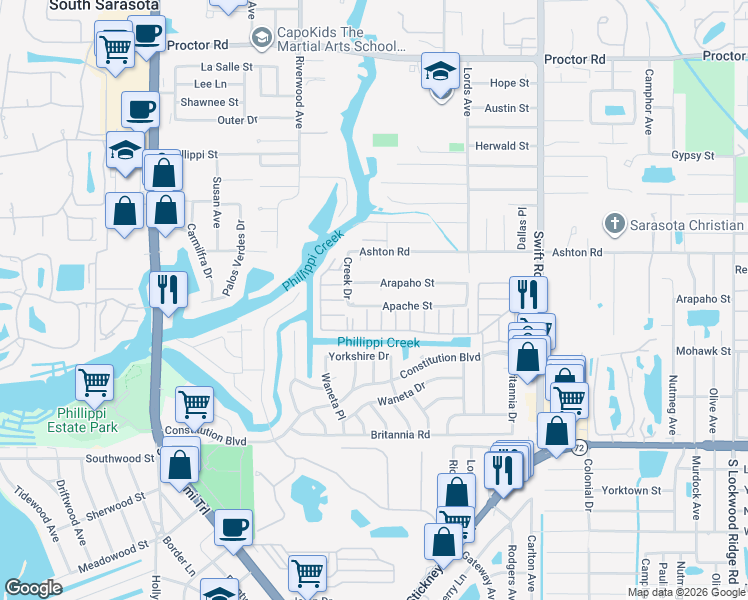 map of restaurants, bars, coffee shops, grocery stores, and more near 2437 Apache Street in Sarasota