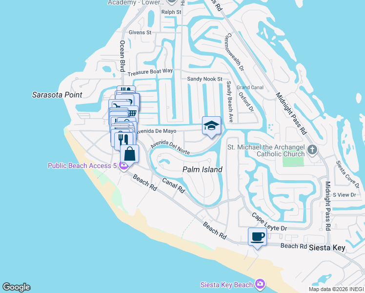 map of restaurants, bars, coffee shops, grocery stores, and more near 615 Avenida Del Norte in Siesta Key