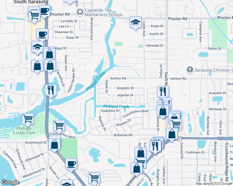 map of restaurants, bars, coffee shops, grocery stores, and more near 2437 Apache Street in Sarasota