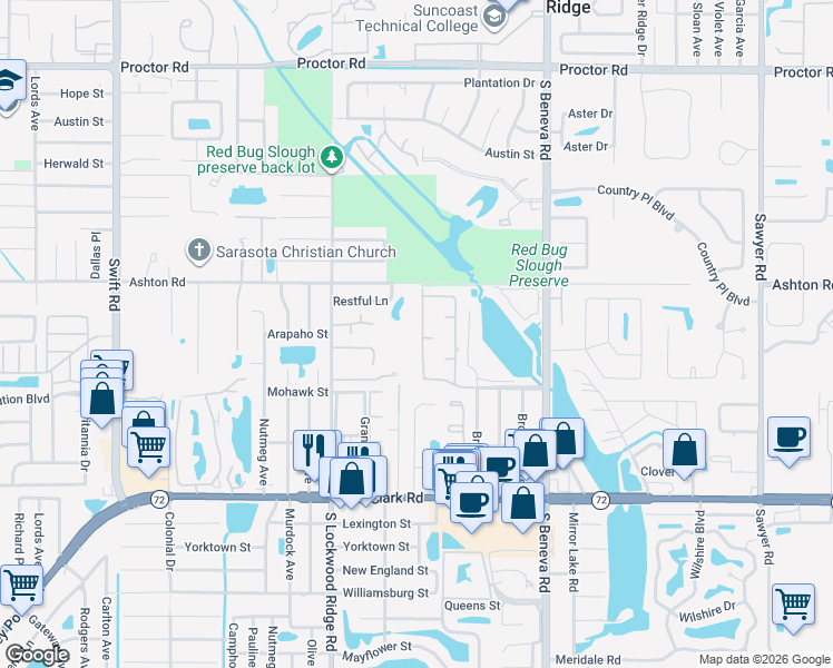map of restaurants, bars, coffee shops, grocery stores, and more near 5336 Fox Run Road in Sarasota
