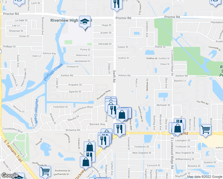 map of restaurants, bars, coffee shops, grocery stores, and more near 5518 Swift Road in Sarasota