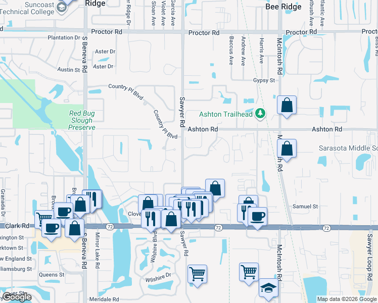 map of restaurants, bars, coffee shops, grocery stores, and more near 5367 Anthony Lane in Sarasota