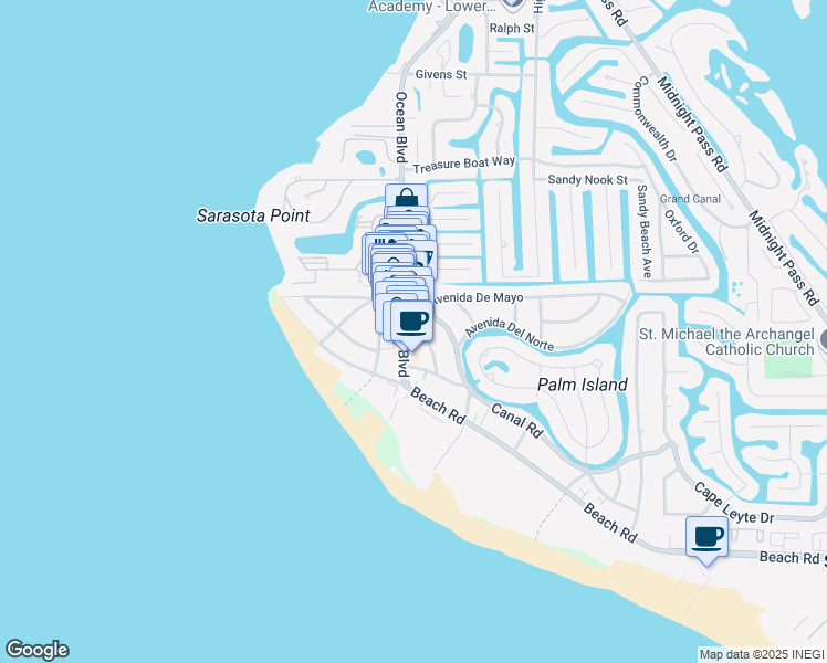 map of restaurants, bars, coffee shops, grocery stores, and more near 5246 Ocean Boulevard in Siesta Key
