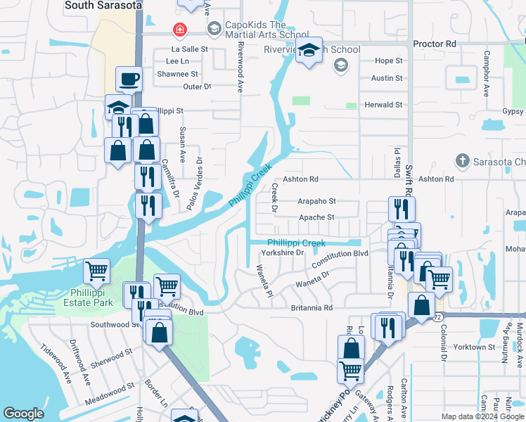 map of restaurants, bars, coffee shops, grocery stores, and more near 5501 Creek Drive in Sarasota