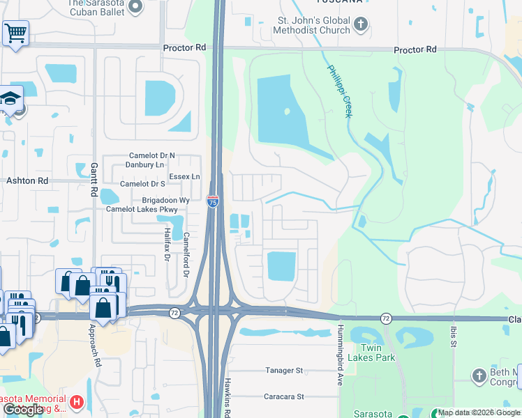 map of restaurants, bars, coffee shops, grocery stores, and more near 5444 Kingsbridge Drive in Sarasota