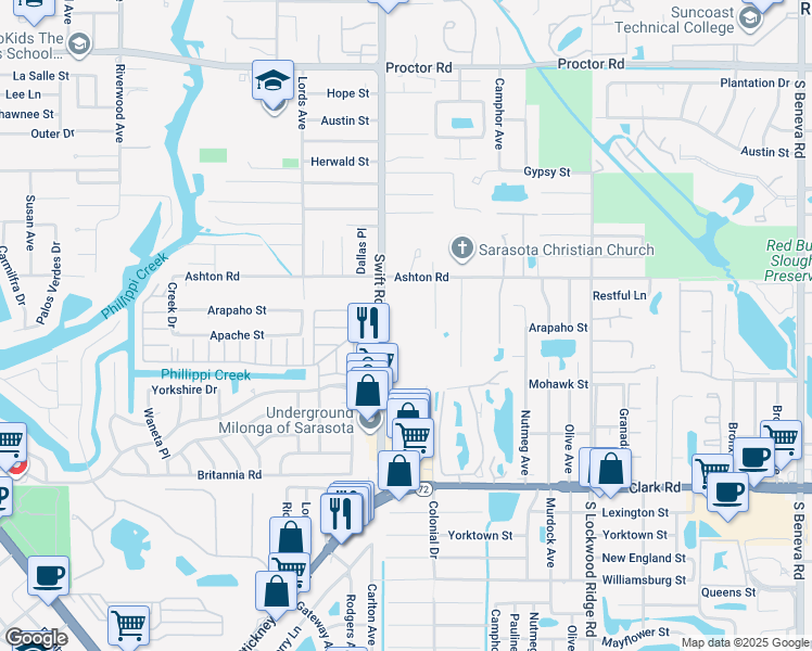 map of restaurants, bars, coffee shops, grocery stores, and more near 5501 Swift Road in Sarasota