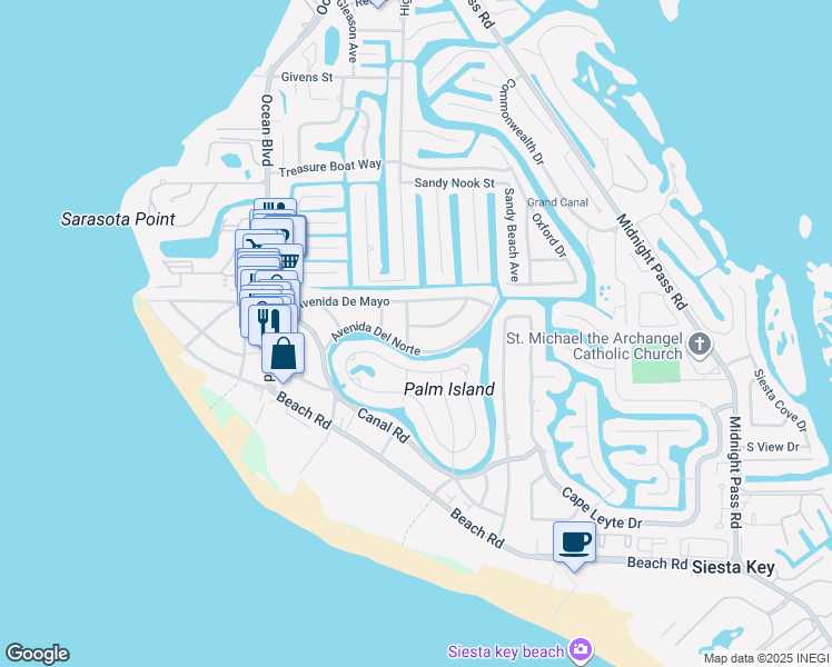 map of restaurants, bars, coffee shops, grocery stores, and more near 615 Avenida Del Norte in Siesta Key
