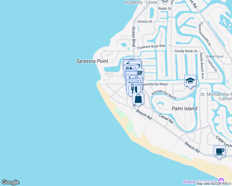 map of restaurants, bars, coffee shops, grocery stores, and more near 101 Avenida Veneccia in Siesta Key