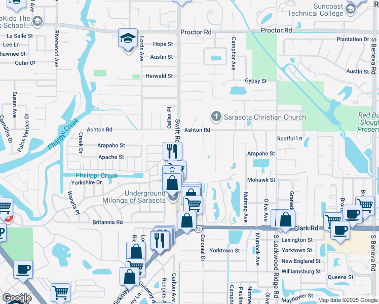 map of restaurants, bars, coffee shops, grocery stores, and more near 5509 Swift Road in Sarasota