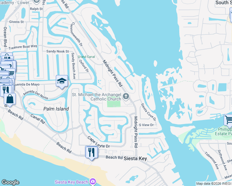 map of restaurants, bars, coffee shops, grocery stores, and more near 5234 Winding Way in Siesta Key
