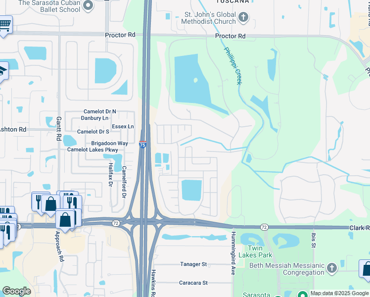 map of restaurants, bars, coffee shops, grocery stores, and more near 5487 Harrow Terrace in Sarasota