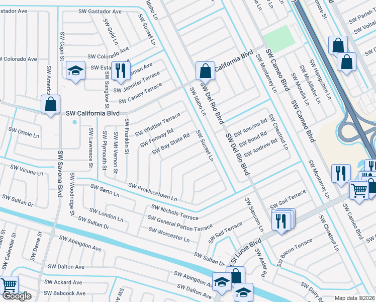 map of restaurants, bars, coffee shops, grocery stores, and more near 834 Southwest Commonwealth Road in Port St. Lucie