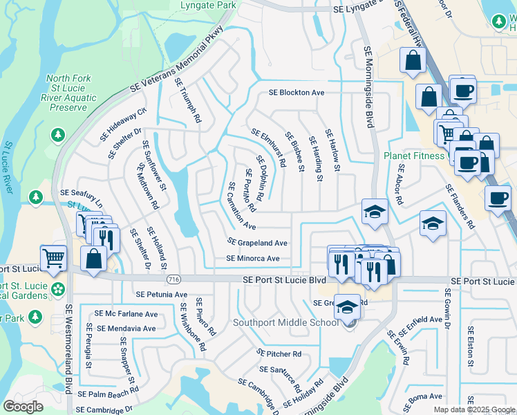 map of restaurants, bars, coffee shops, grocery stores, and more near 1542 Southeast Portillo Road in Port St. Lucie
