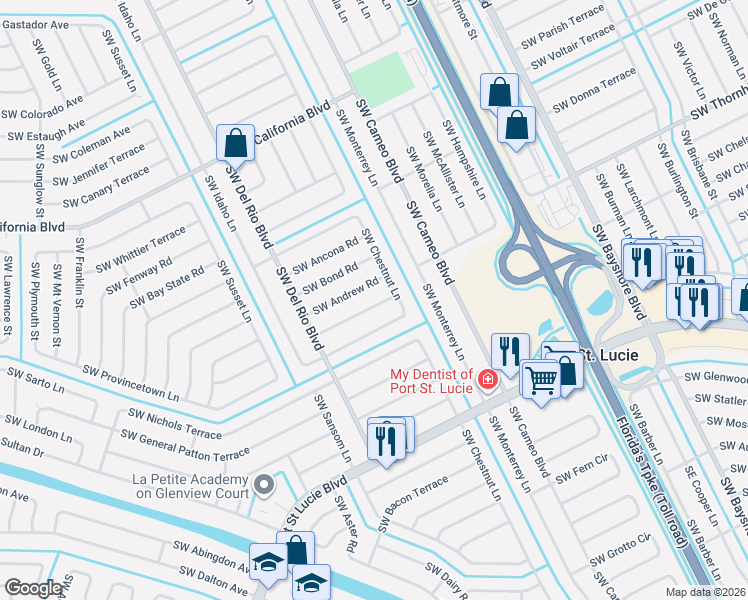 map of restaurants, bars, coffee shops, grocery stores, and more near 619 Southwest Post Terrace in Port St. Lucie