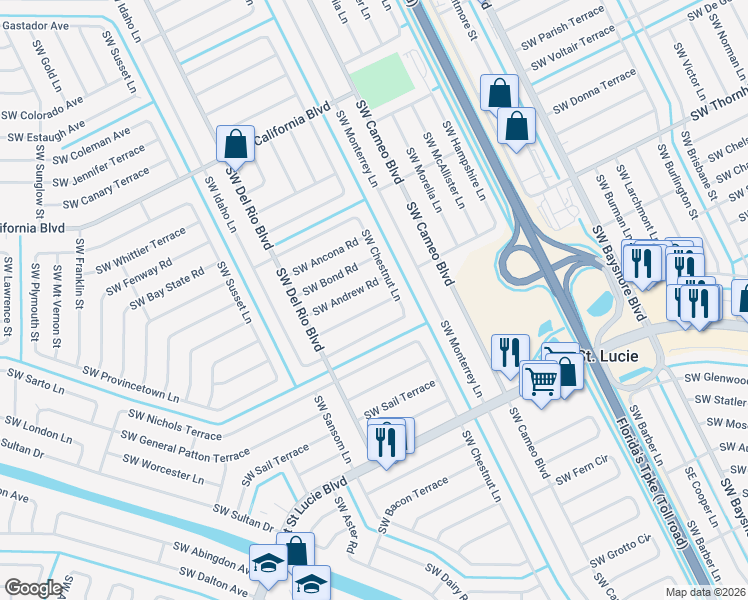 map of restaurants, bars, coffee shops, grocery stores, and more near 667 Southwest Pueblo Terrace in Port St. Lucie