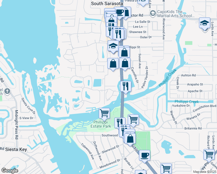 map of restaurants, bars, coffee shops, grocery stores, and more near 5591 Cannes Circle in Sarasota