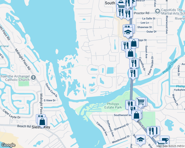 map of restaurants, bars, coffee shops, grocery stores, and more near 5260 Heron Way in Sarasota