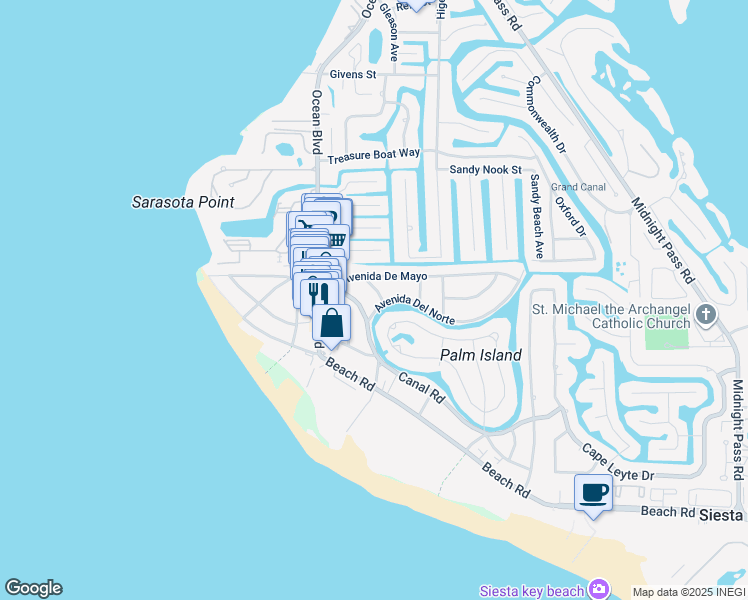 map of restaurants, bars, coffee shops, grocery stores, and more near 268 Island Circle in Siesta Key
