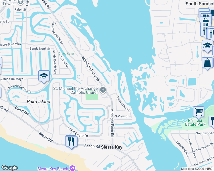 map of restaurants, bars, coffee shops, grocery stores, and more near 1210 North View Drive in Siesta Key