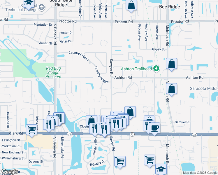 map of restaurants, bars, coffee shops, grocery stores, and more near 3699 Country Place Boulevard in Sarasota