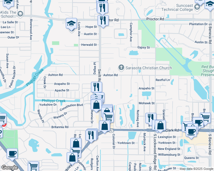 map of restaurants, bars, coffee shops, grocery stores, and more near 2800 Ashton Road in Sarasota