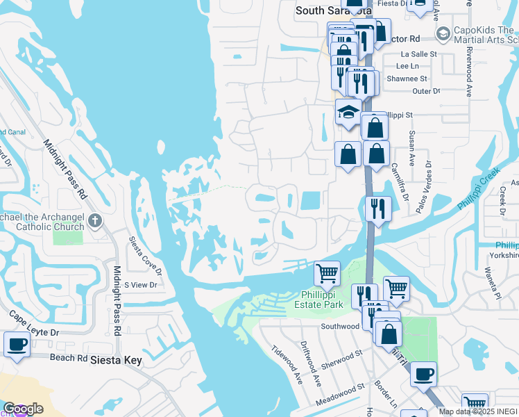 map of restaurants, bars, coffee shops, grocery stores, and more near 5214 Landings Boulevard in Sarasota