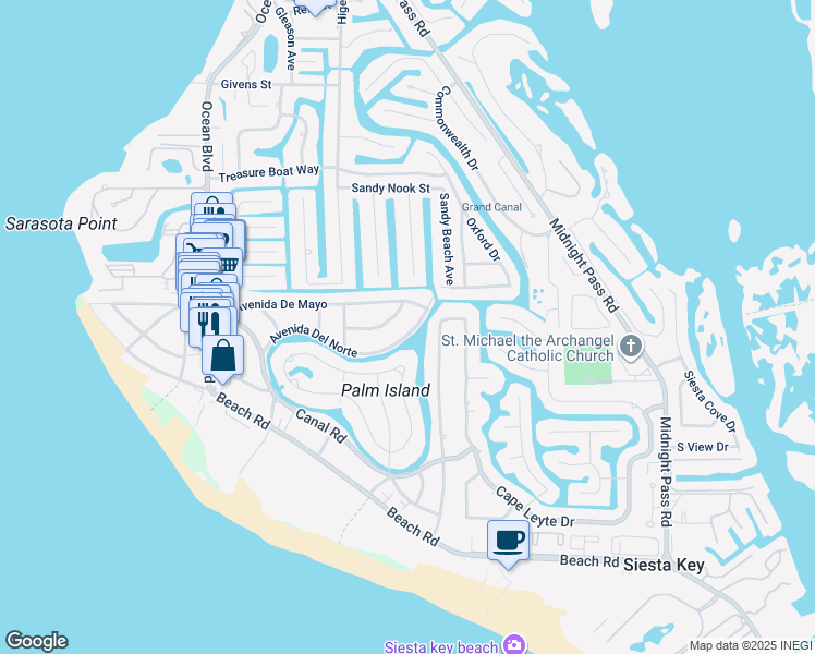 map of restaurants, bars, coffee shops, grocery stores, and more near 671 Avenida Del Norte in Siesta Key
