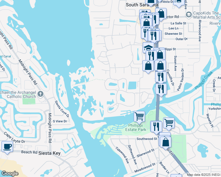 map of restaurants, bars, coffee shops, grocery stores, and more near 5260 Heron Way in Sarasota