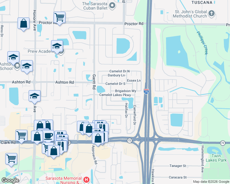 map of restaurants, bars, coffee shops, grocery stores, and more near 5841 Brigadoon Place in Sarasota