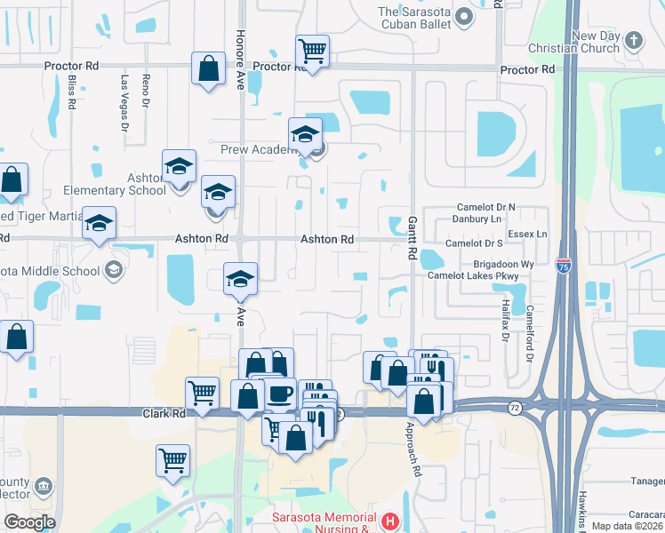 map of restaurants, bars, coffee shops, grocery stores, and more near 5575 Foxtail Palm Lane in Sarasota