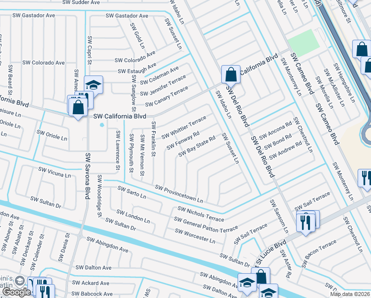 map of restaurants, bars, coffee shops, grocery stores, and more near 974 Southwest Fenway Road in Port St. Lucie