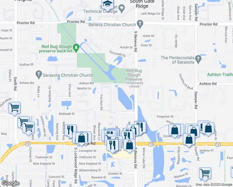 map of restaurants, bars, coffee shops, grocery stores, and more near 3435 Fox Run Road in Sarasota