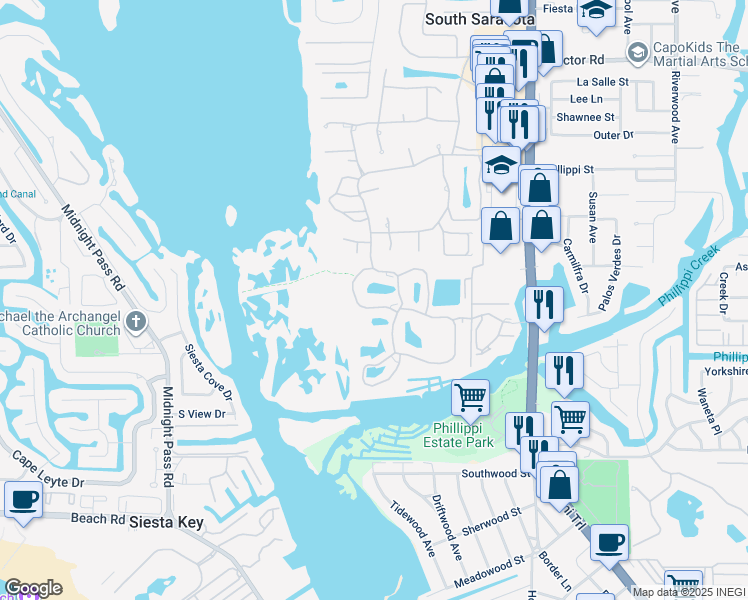 map of restaurants, bars, coffee shops, grocery stores, and more near 5214 Landings Boulevard in Sarasota