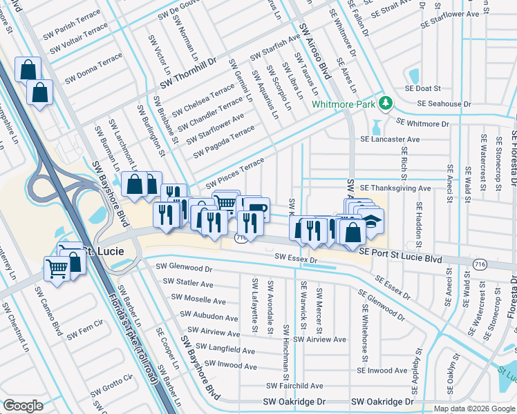 map of restaurants, bars, coffee shops, grocery stores, and more near 2191 Southwest Barthel Street in Port St. Lucie