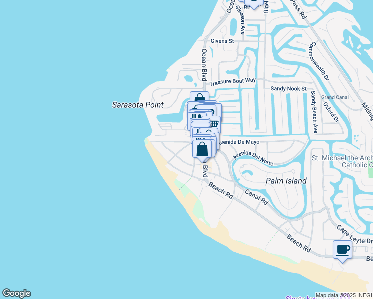 map of restaurants, bars, coffee shops, grocery stores, and more near 124 Columbus Boulevard in Sarasota