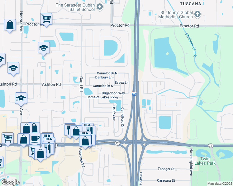 map of restaurants, bars, coffee shops, grocery stores, and more near 5928 Camelot Drive South in Sarasota