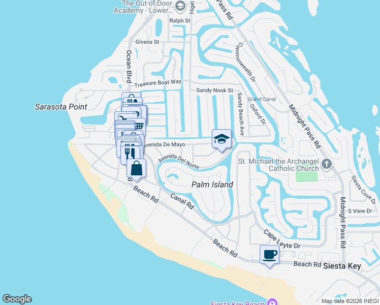 map of restaurants, bars, coffee shops, grocery stores, and more near 604 Avenida De Mayo in Siesta Key