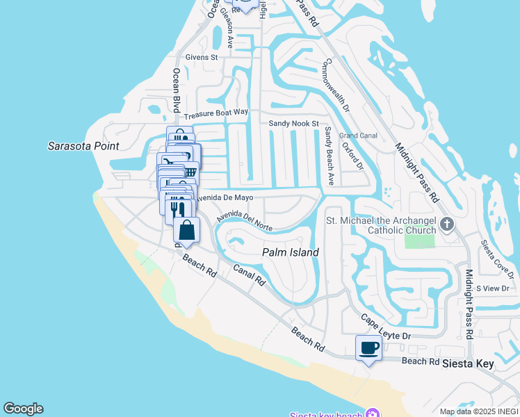 map of restaurants, bars, coffee shops, grocery stores, and more near 604 Avenida De Mayo in Siesta Key