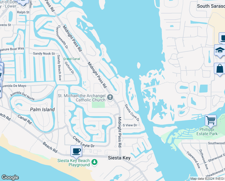 map of restaurants, bars, coffee shops, grocery stores, and more near 5301 Hidden Harbor Road in Siesta Key