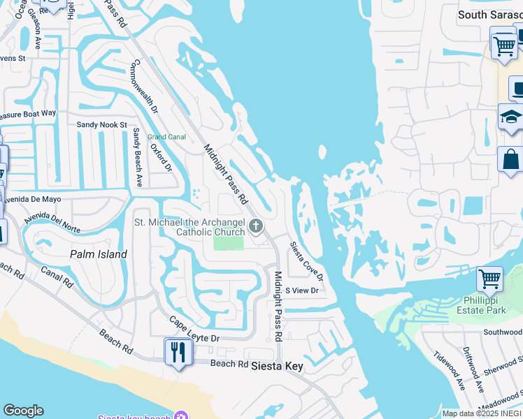 map of restaurants, bars, coffee shops, grocery stores, and more near 5301 Hidden Harbor Road in Siesta Key